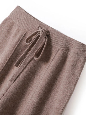 100% Merino Wool Pants Women Autumn Winter Casual Wide Leg Trousers Middle Seam Style Knitted Cashmere Soft Lace-up Pants