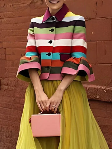 Vintage Flared Sleeves Multi-Colored Striped Lapel Elegant Women Jackets Coat Single-breasted Spring Autumn Female Outerwear