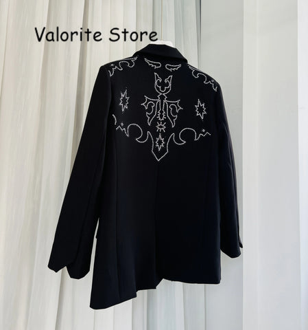 Woman Black Strass Rhinestone Decoration Long Sleeved Blazer Single Breasted Two Buttons Suit Tops 2025FW