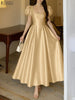 Elegant Chic Women Satin Wedding Guest Party Long Dresses Square Neck Short Puff Sleeve Fitted Waist A-Line Dress S-3XL