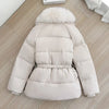 Winter Women Short Puffer Jacket Faux Fur Lapel Collar Waist Belt Design Solid Color Warm Elegant Daily Ladies Outerwear