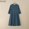 Women's Pleated Midi Dress Elegant V-Neck 3/4 Sleeve Button Up A-Line Dresses Office Commuting Wear Woman Clothing S-3XL