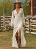 Elegant Vintage Women's Boho Tassel Dress White Lace V Neck Fringe Sleeve Autumn Party Dress Wedding Guest Maxi Dresses