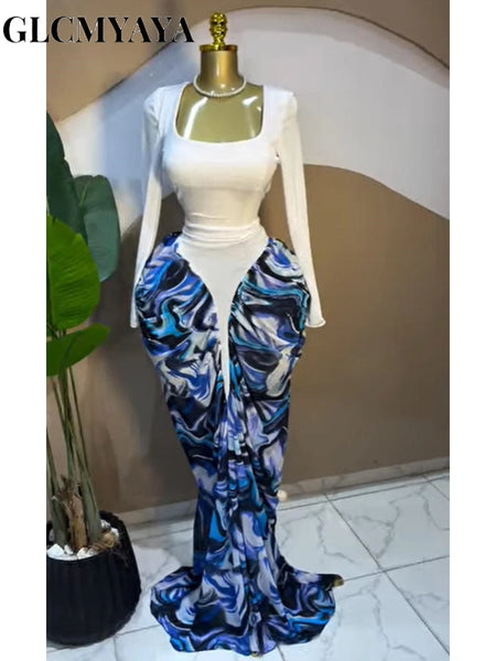 Women Tie Dye Print Patchwork Stacked Ruched Long Sleeve Midi A-line Maxi Long Dress Party Education Dresses