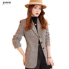 Coffee Plaid Blazer Women Tempeament Wool Long Sleeve Slim Jacket Office Ladies Work Coat Gray Tops