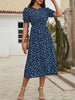 Women's Floral Print Puff Sleeve Dress, Round Neck Waist Tie Design, Boho Style Woven Fabric, All Season Wearable