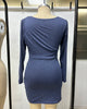 burst waist show thin solid color v-neck long sleeve tight skirt folk wind nightclub dress woman