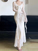 Aoaiiys French Dress Women's V-Neck 3D Floral Lace Splicing Slim Long Dress Elegant Long Sleeve White Dresses Spring Autumn