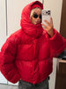 Women Bright Red Hooded Puffer Jacket Oversized Collar Horizontal Quilted Thick Padded Cropped Coat Warm Outerwear Winter Coats