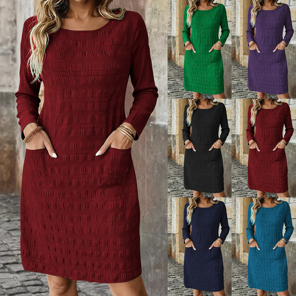 Fall Women Plus Size Midi Dress, Solid Round Neck Long Sleeve Casual Dress with Pockets, Loose Daily Wear Dress for Ladies