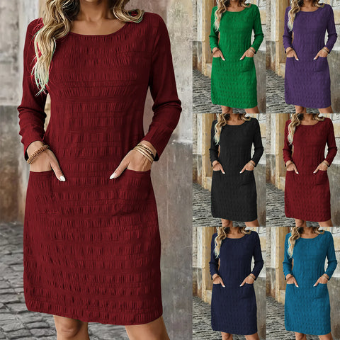Fall Women Plus Size Midi Dress, Solid Round Neck Long Sleeve Casual Dress with Pockets, Loose Daily Wear Dress for Ladies