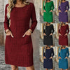 Fall Women Plus Size Midi Dress, Solid Round Neck Long Sleeve Casual Dress with Pockets, Loose Daily Wear Dress for Ladies