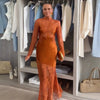 Elegant Women High Neck Lace Satin Patchwork Maxi Dress Long Sleeve Hollow Back Mermaid Hem Female Wedding Guest Party Dress