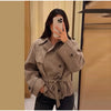 Vintage Plaid Women's Cropped Trench Coat Autumn Lapel Tie Waist Full Sleeve Windbreaker Chic Casual Elegant Jacket