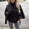 Women's Poncho Coats Vintage Stand Collar Belt Button Lace Up Full Sleeve Overcoat Female Autumn Lady Streetwears