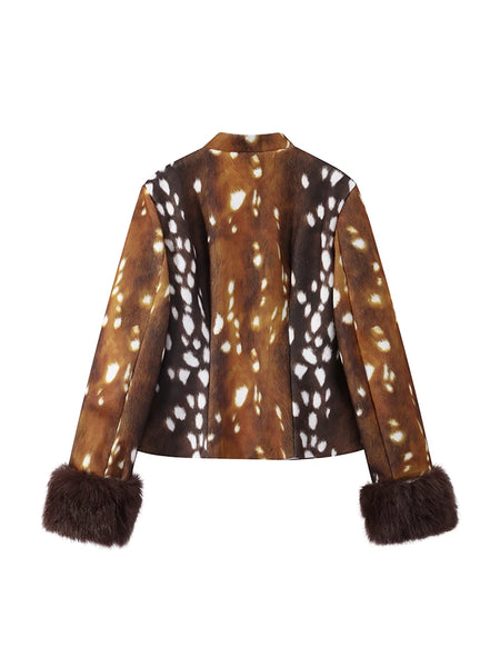 Leopard Patchwork Faux Fur Cuff Coats Women Round Neck Long Sleeve Single Breasted Slim Jacket Chic Ladies Outerwears