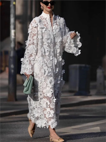 Women's White Hollow Out Three-dimensional Flower Dresses Elegant Loose Long Sleeve Pullover Long Dress Socialite Vestidos