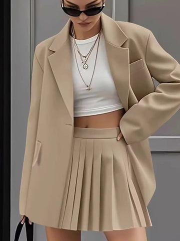 Women's Casual Two-Piece Sets Pleated Skirt Suits Women Spring Autumn Office Ladies Solid Suit Coat And Skirt Set