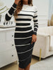 Office Ladies Knitted Dress Elegant Striped Print Slim Long-sleeved Dress Autumn Winter
