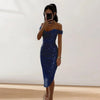 Women Christmas Party Dress Sequined Irregular Hem Evening Dress Low-cut Prom Wedding Party Formal Slit Hem Ladies Midi Dress