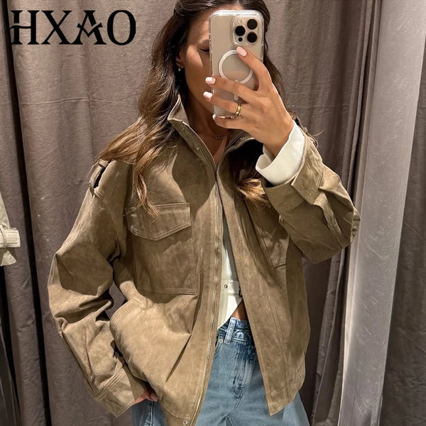 Leather Jacket Women Autumn Oversized Bomber Jacket Coats & Jackets Stand Collar Long Sleeve Tops Outerwears