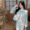 Korean Plaid Tweed Jacket Women White Round Neck Cropped Tassel Coat Autumn Single Breasted Office Lady Outwear