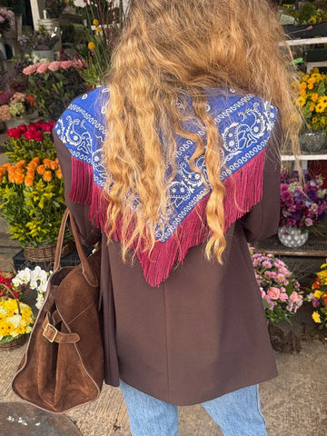 Women Bandana Print Blazer Jacket Triangle Scarf Tassel Fringe Back Loose Suit Coat Casual Office Lady Chic Jacket