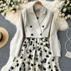 French Style Elegant Two Piece Sets Women Double Breasted Blazer Jacket + Mesh A-line Long Dress Korean Outfits