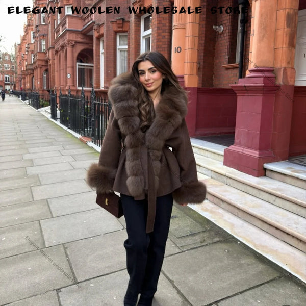 Real Fur Wool Jacket Reality Fur Jacket Women Natural Fox Fur Cuffs Winter Clothing Female Elegant with Belt Woolen Coat