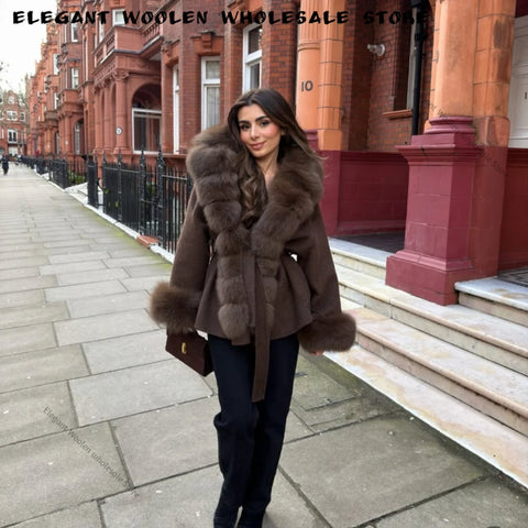 Real Fur Wool Jacket Reality Fur Jacket Women Natural Fox Fur Cuffs Winter Clothing Female Elegant with Belt Woolen Coat