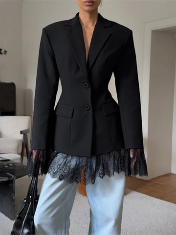 Elegant Lace Blazer Coat Women Office Lady Full Sleeve Single Breasted Jackets Autumn Black Casual Slim Coats