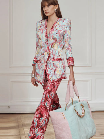 High Street Designer Runway Suit Set Women's 3/4 Sleeve Feather Printed Blazer Flare Pants Set 2pcs