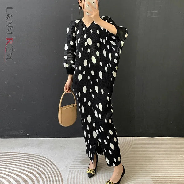 Balck Dot Printting Pleated Women's Dress V Collar Batwing Sleeve Mid-Length Mermaid Dresses 2DB6625