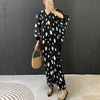 Balck Dot Printting Pleated Women's Dress V Collar Batwing Sleeve Mid-Length Mermaid Dresses 2DB6625