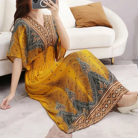 Women Bohemian Ethnic Printed Holiday Dress V-Neck Elastic Waist Casual Batswing Sleeve Mid Dress Elegant Vintage Retro Dress