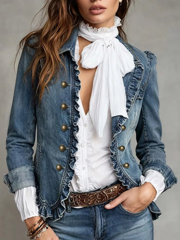 Vintage Women Denim Jacket Ruffle Edge Decor Lapel Collar Long Sleeve Double Breasted Jean Coat Retro Casual Female Outerwear
