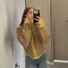 Casual Women's Knit Contrast Fleece Coats Stand Collar Zipper Pockets Full Sleeve Jackets Spring Lady Warm Outwear