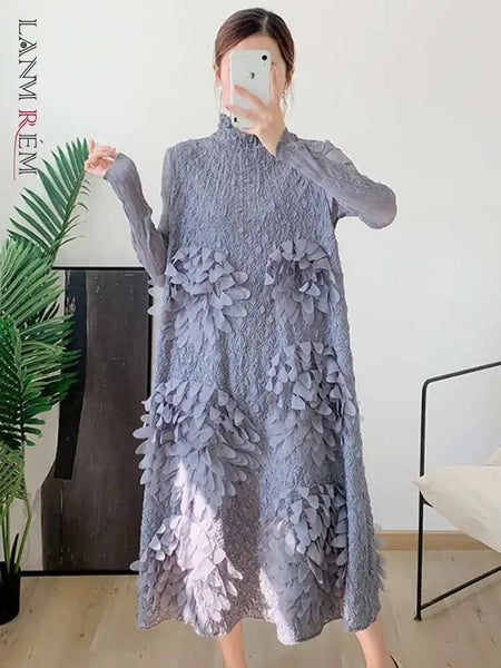 High End Pleated Dress For Women Turtleneck Long Sleeves Tassel Elegant Style Ladies Holiday Clothing Spring 2R7632