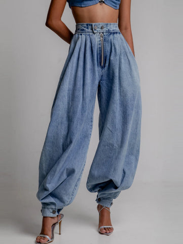 Women Cargo Jeans Casual High Rise Zipper Denim Bloomers Pants Loose Vintage Streetwear Ruched Basic Jeans Trousers