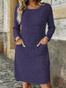 Fall Women Plus Size Midi Dress, Solid Round Neck Long Sleeve Casual Dress with Pockets, Loose Daily Wear Dress for Ladies