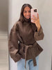Elegant Suede Belt Women's Jacket Loose Full Sleeve Stand Collar Single Breasted Lace Up Jacket Female Autumn Coat