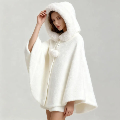 Princess White Soft Faux Fur Mink Wool Cape Hooded Loose Outerwear Women Autumn Winter Thick Cloak Wedding Party Dress Poncho