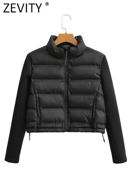 Zevity Women Stand Collar Long Sleeve Patchwork Quilted Cotton Jacket Coat Femme Outerwear Chic Zipper Short Tops CT5817