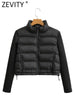 Zevity Women Stand Collar Long Sleeve Patchwork Quilted Cotton Jacket Coat Femme Outerwear Chic Zipper Short Tops CT5817