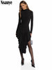 Casual Women Pullover Turtleneck Black Elegant Long Sleeve Midi Dress Ruffles Sexy Party Evening Night Club Dress