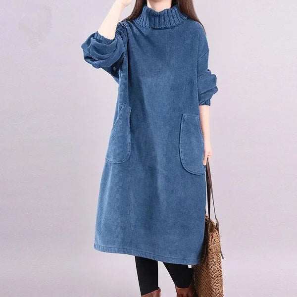 Women Autumn Winter Dress Retro Corduroy Vestidos Add Velvet High Neck Dress Mid-Length Loose Pullover Sweater Female
