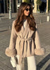 Elegant Lace Up Woolen Short Coat Solid Lapel Fur Cuffs Belt Long Sleeve Jacket Female Autumn Winter Lady Chic Cardigan