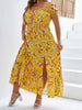 Women Plus Size Floral Maxi Dress Elastic High Waist Loose Square Neck Puff Sleeve Split Dress Casual All-Season Streetwear