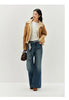 Women Jeans Belted Fleece Lined Flared Loose Fit Distressed Wash Vintage HighWaist Streetwear Denim Pants