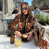 Women Deer Spot Print Faux Fur Cropped Jacket Stand Collar Dark Fur Cuff Button Up Short Coat Vintage Winter Street Outerwear